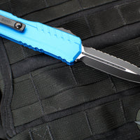 Microtech Cypher II- Double Edge- Blue Handle- Black Full Serrated Edge Blade 1242-3 BL