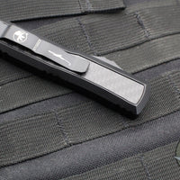 Microtech OTF Knife- Daytona- Tactical- Double Edge- Black With Carbon Fiber Inlay- Black Blade 126-1 TCFIS