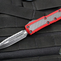 Microtech OTF Knife- Daytona- Double Edge- Red Handle- Carbon Fiber Inlay- Black Full Serrated Blade 126-1 RDCFIS