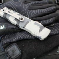 Microtech Luminary OTF Knife- Urban Camo Finished Handle- Urban Camo Finished Plain Edge Blade- Tritium Inlaid Button 1270-1 UCS