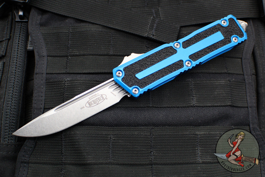 Microtech Scarab II 2024- Single Edge- Blue Handle- Stonewash Plain Edge Blade 1278-10 BL