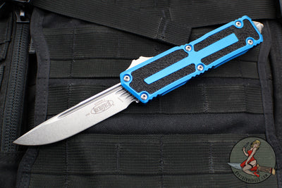 Microtech Scarab II- Single Edge- Blue Handle- Stonewash Plain Edge Blade 1278-10 BL