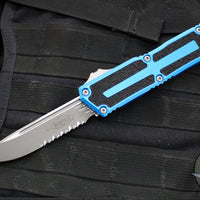 Microtech Scarab II- Single Edge- Blue Handle- Apocalyptic Part Serrated Blade 1278-11 APBL