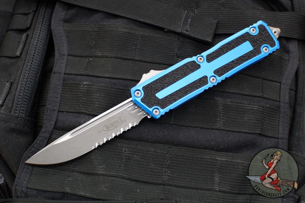 Microtech Scarab II 2024- Single Edge- Blue Handle- Apocalyptic Part Serrated Blade 1278-11 APBL