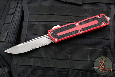 Microtech Scarab II- Single Edge- Red Handle- Apocalyptic Part Serrated Blade 1278-11 APRD