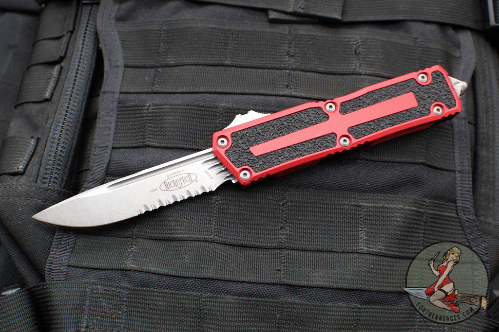 Microtech Scarab II- Single Edge- Red Handle- Stonewash Part Serrated Edge Blade 1278-11 RD
