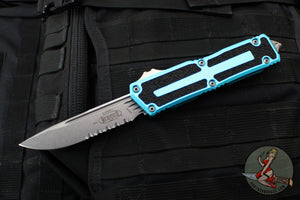 Microtech Scarab II 2024- Single Edge- Turquoise Handle- Stonewash Part Serrated Edge Blade 1278-11 TQ