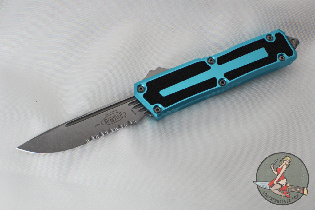 Microtech Scarab II- Single Edge- Turquoise Handle- Stonewash Part Serrated Edge Blade 1278-11 TQ