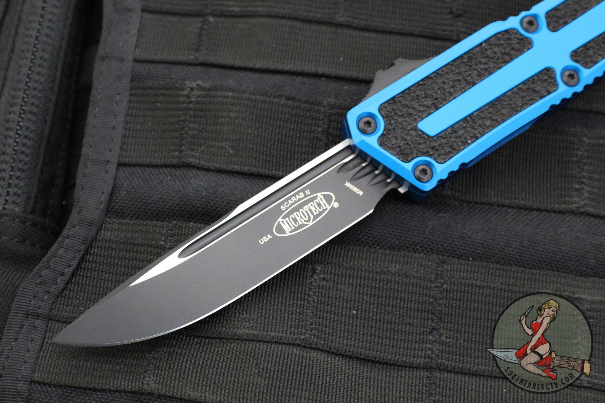Microtech Scarab II- Single Edge- Blue Handle- Black Plain Edge Blade ...