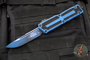 Microtech Scarab II- Gen III- Single Edge- Weathered Blue Handle- Weathered Blue Black Plain Edge Blade 1278-1 WBL