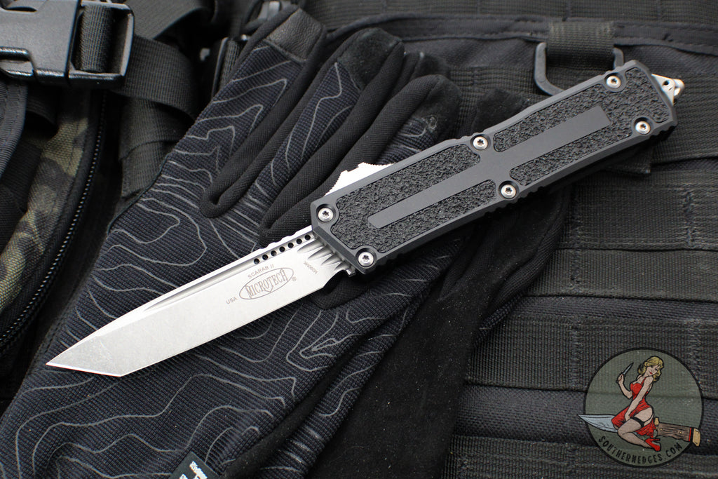 Microtech Scarab II- Tanto Edge- Black Finished Handle- Stonewash Plain Edge Blade 1279-10