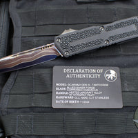 Microtech Scarab II 2024- Tanto Edge- Black Handle- Stingray Inlay- Baker Forge Coppermai Damascus Blade 1279-16 MS1