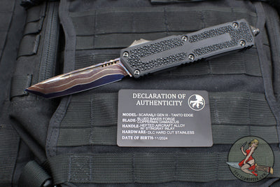 Microtech Scarab II 2024- Tanto Edge- Black Handle- Stingray Inlay- Blued Baker Forge Coppermai Damascus Blade 1279-16 MS1