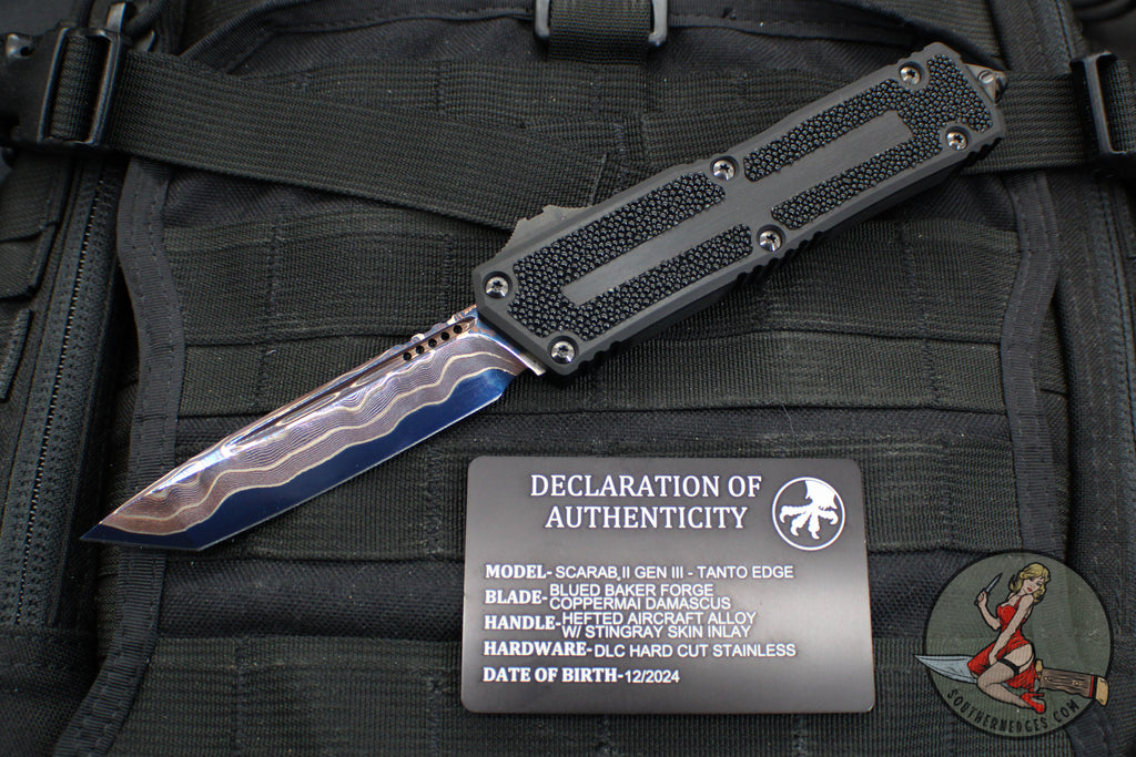 Microtech Scarab II 2024- Tanto Edge- Black Handle- Stingray Inlay- Blued Baker Forge Coppermai Damascus Blade 1279-16 MS1 v2