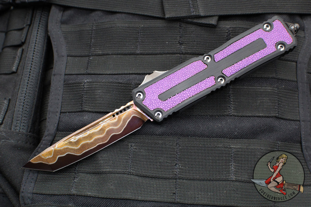 Microtech Scarab II 2024- Tanto Edge- Black Handle- Purple Stingray Inlay- Blued Baker Forge Coppermai Damascus Blade 1279-16 MS3 v1