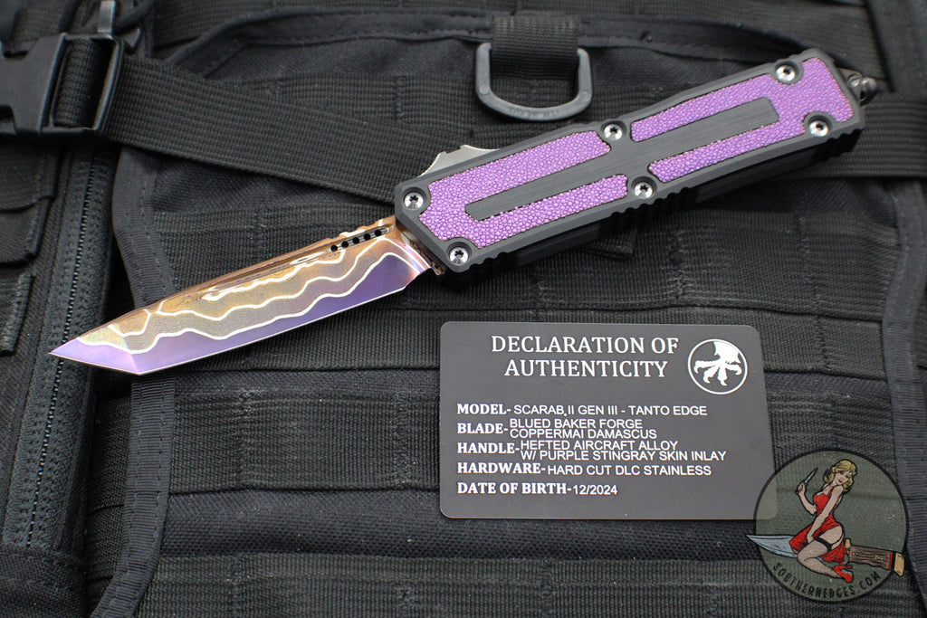 Microtech Scarab II 2024- Tanto Edge- Black Handle- Purple Stingray Inlay- Blued Baker Forge Coppermai Damascus Blade 1279-16 MS3 v2