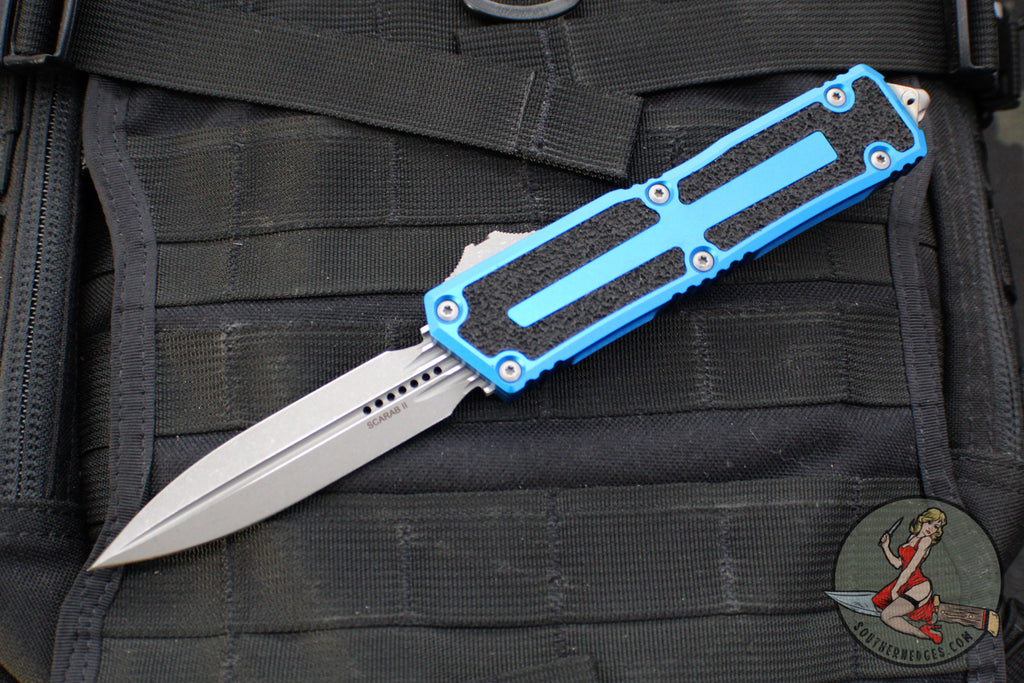 Microtech Scarab II- Gen III- Double Edge- Blue Handle- Apocalyptic Plain Edge Blade 1280-10 APBL