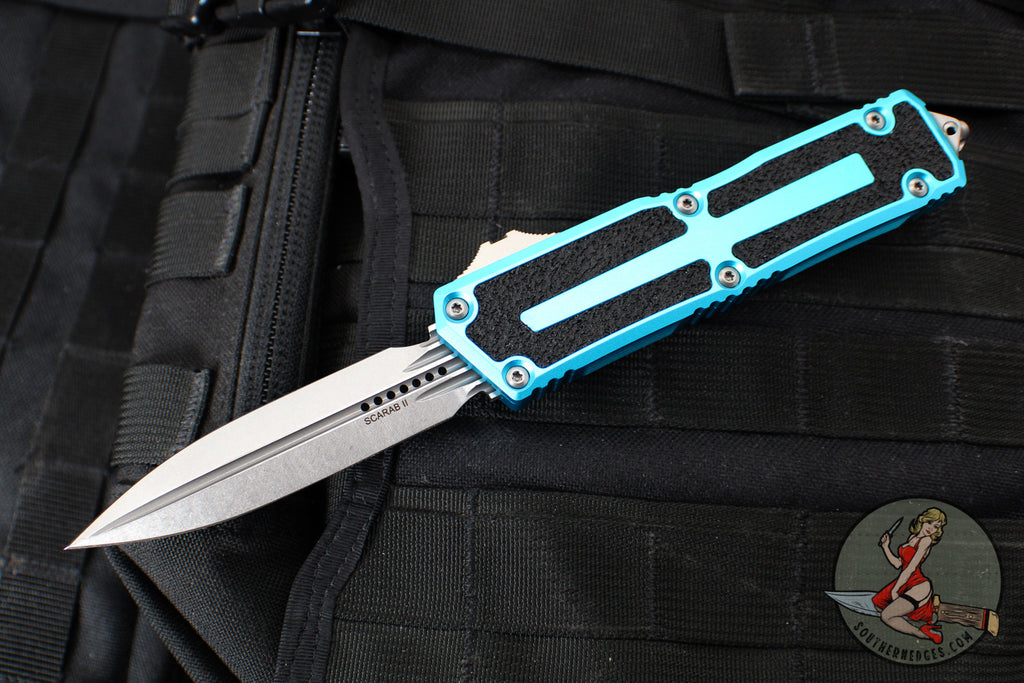 Microtech Scarab II- Gen III- Double Edge- Turquoise Handle- Stonewash Plain Edge Blade 1280-10 TQ