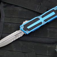 Microtech Scarab II 2025- Double Edge- Blue Handle- Apocalyptic Part Serrated Edge Blade 1280-11 APBL