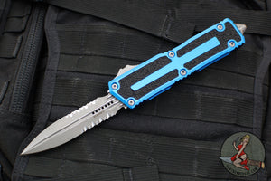 Microtech Scarab II 2025- Double Edge- Blue Handle- Apocalyptic Part Serrated Edge Blade 1280-11 APBL