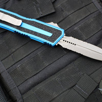 Microtech Scarab II 2025- Double Edge- Blue Handle- Apocalyptic Part Serrated Edge Blade 1280-11 APBL