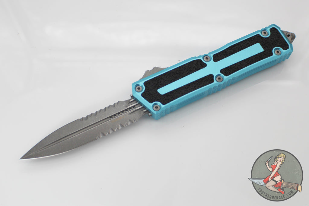 Microtech Scarab II 2025- Double Edge- Turquoise Handle- Apocalyptic Part Serrated Edge Blade 1280-11 APTQ