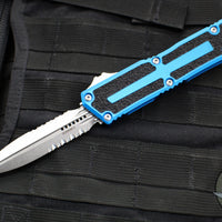 Microtech Scarab II 2024- Double Edge- Blue Handle- Stonewash Part Serrated Edge Blade 1280-11 BL