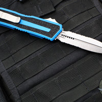 Microtech Scarab II 2024- Double Edge- Blue Handle- Stonewash Part Serrated Edge Blade 1280-11 BL