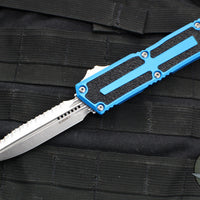 Microtech Scarab II 2024- Double Edge- Blue Handle- Stonewash Full Serrated Edge Blade 1280-12 BL