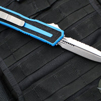 Microtech Scarab II 2024- Double Edge- Blue Handle- Stonewash Full Serrated Edge Blade 1280-12 BL