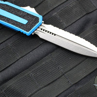 Microtech Scarab II 2024- Double Edge- Blue Handle- Stonewash Full Serrated Edge Blade 1280-12 BL