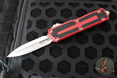 Microtech Scarab II- Double Edge- Red Handle- Stonewash Full Serrated Edge Blade 1280-12 RD