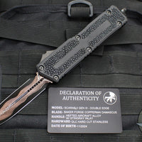 Microtech Scarab II 2024- Double Edge- Black Handle- Stingray Inlay- Baker Forge Coppermai Damascus Blade 1280-16 MS1 V2