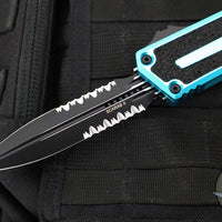 Microtech Scarab II- Gen III- Double Edge- Turquoise Handle- Black Part Serrated Edge Blade 1280-2 TQ