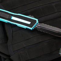 Microtech Scarab II- Gen III- Double Edge- Turquoise Handle- Black Part Serrated Edge Blade 1280-2 TQ