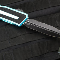 Microtech Scarab II- Gen III- Double Edge- Turquoise Handle- Black Part Serrated Edge Blade 1280-2 TQ