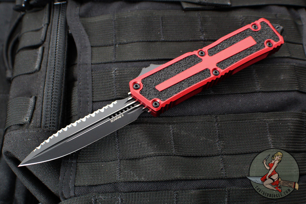 Microtech Scarab II- Gen III- Double Edge- Red Handle- Black Full Serrated Edge Blade 1280-3 RD