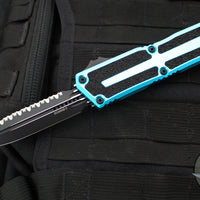 Microtech Scarab II- Gen III- Double Edge- Turquoise Handle- Black Full Serrated Edge Blade 1280-3 TQ