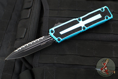 Microtech Scarab II- Gen III- Double Edge- Turquoise Handle- Black Full Serrated Edge Blade 1280-3 TQ