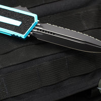 Microtech Scarab II- Gen III- Double Edge- Turquoise Handle- Black Full Serrated Edge Blade 1280-3 TQ