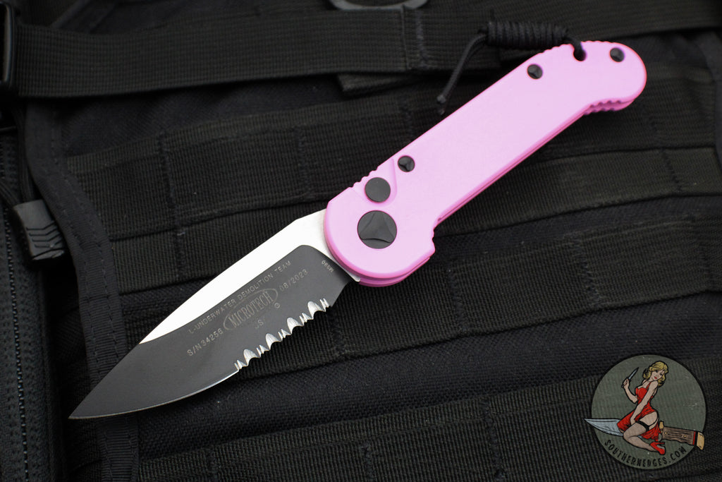 Microtech LUDT OTS Auto Knife- Slab Sided- Blasted Pink Cerakote- Black Part Serrated Edge Blade 135S-2 BPK