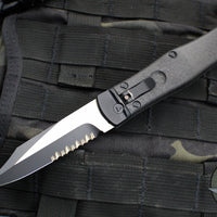 Vintage 2012 Microtech Cobra Knife- Auto Lever Lock- Bowie Blade- Lightning Strike Carbon Fiber Handle- Tactical Two-Tone Black Part Serrated Edge Blade 137-2T-LS SN047