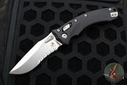 Microtech Knives- Amphibian Ram-Lok Folder- Fluted Black Aluminum Handle- Stonewash Part Serrated Edge Blade 137RL-11 FL