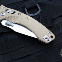 Microtech Knives- Amphibian Ram-Lok Folder- Fluted Tan G-10 Handle- Stonewash Plain Edge Blade 137RL-10 FLGTTA