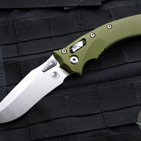 Microtech Knives- Amphibian Ram-Lok Folder- Fluted OD Green Aluminum Handle- Stonewash Plain Edge Blade 137RL-10 FLOD