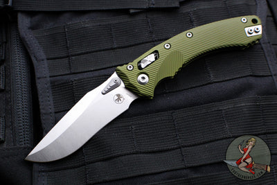 Microtech Knives- Amphibian Ram-Lok Folder- Fluted OD Green Aluminum Handle- Stonewash Plain Edge Blade 137RL-10 FLOD