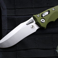 Microtech Knives- Amphibian Ram-Lok Folder- Fluted OD Green Aluminum Handle- Stonewash Plain Edge Blade 137RL-10 FLOD