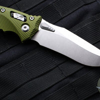 Microtech Knives- Amphibian Ram-Lok Folder- Fluted OD Green Aluminum Handle- Stonewash Plain Edge Blade 137RL-10 FLOD