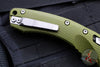 Microtech Knives- Amphibian Ram-Lok Folder- Fluted OD Green Aluminum Handle- Stonewash Plain Edge Blade 137RL-10 FLOD