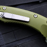 Microtech Knives- Amphibian Ram-Lok Folder- Fluted OD Green Aluminum Handle- Stonewash Plain Edge Blade 137RL-10 FLOD